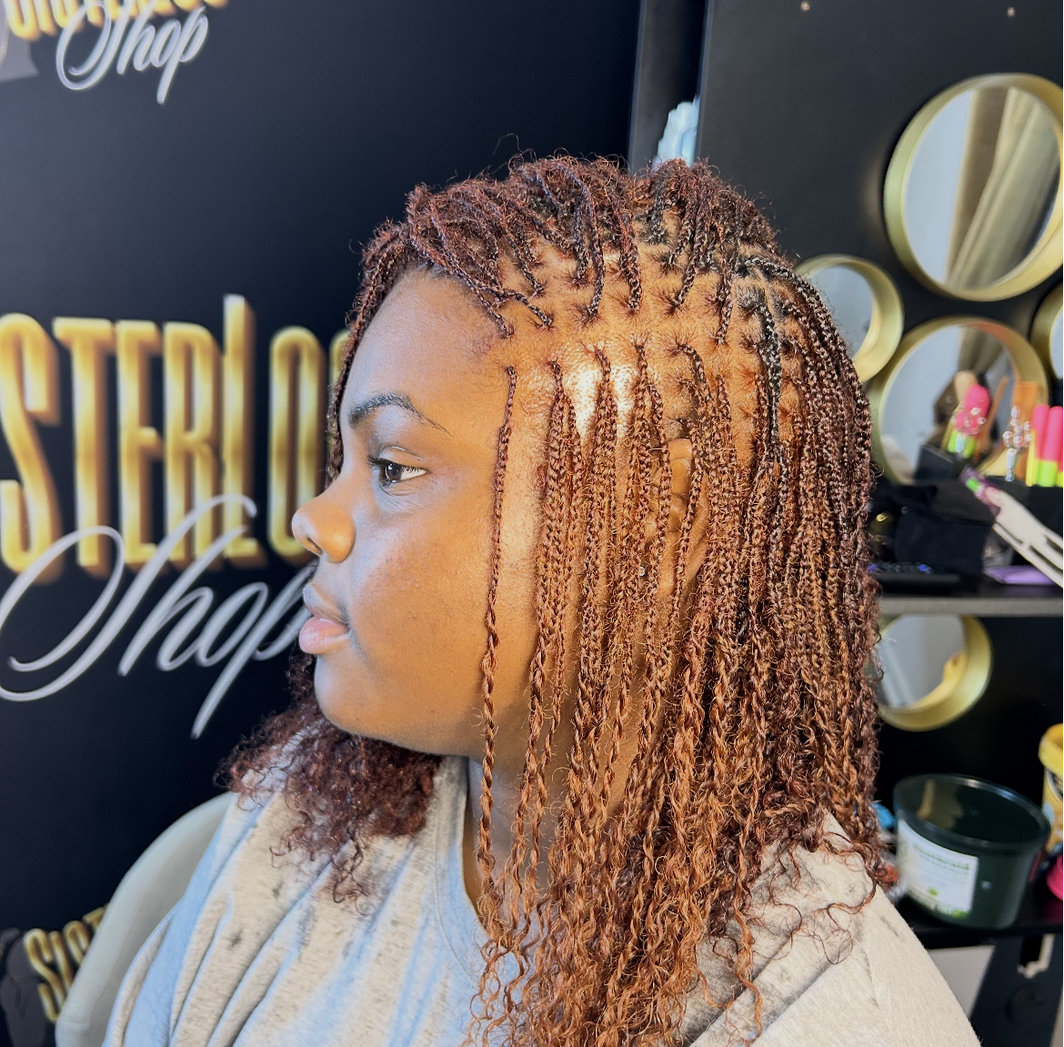 Coppery-brown mini twists hairstyle | Sisterloc Shop .