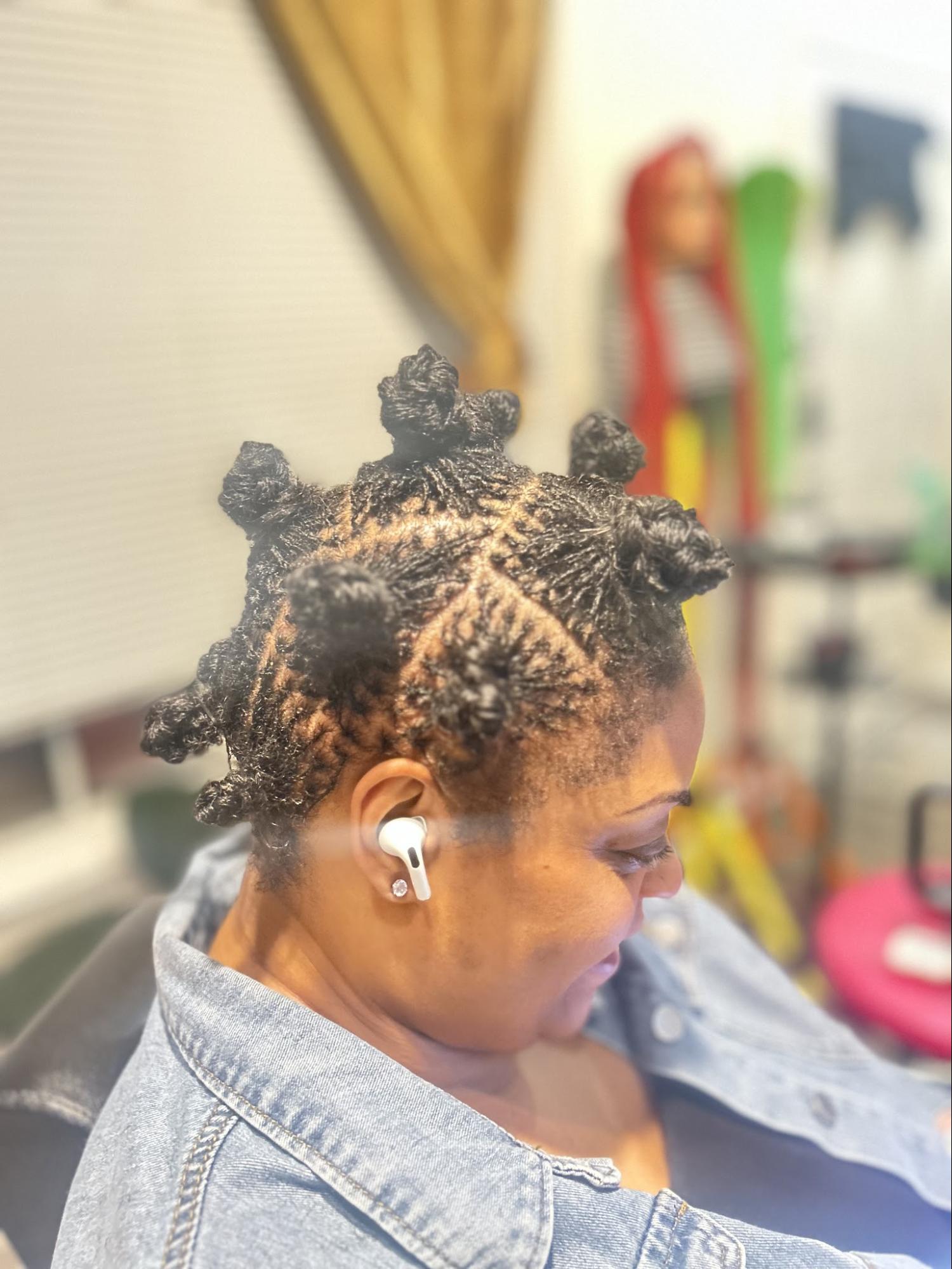 Microlocs styled into multiple Bantu knots | Sisterloc Shop .