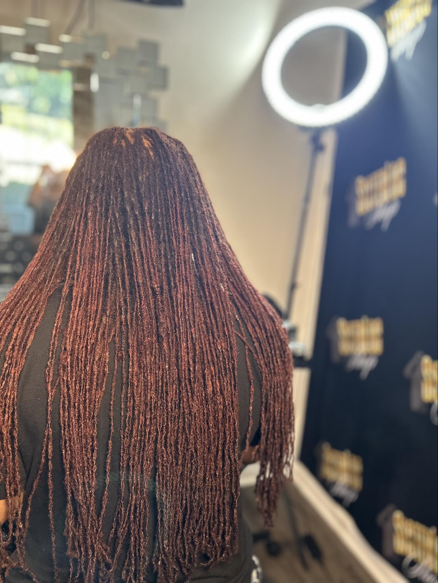 Long copper microlocs hairstyles down back | Sisterloc Shop.